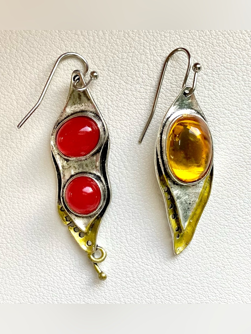 Handcrafted Silver-Tone Drop Earrings with Red and Amber Cabochons